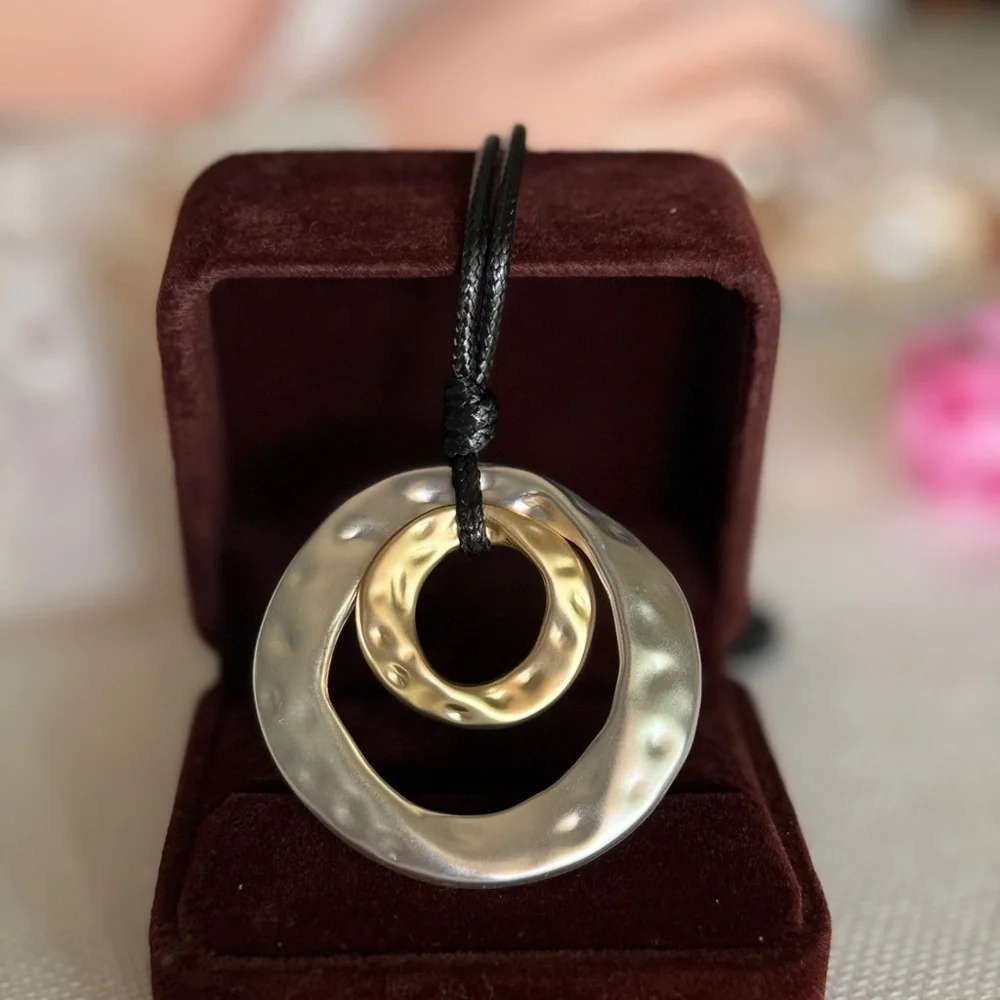 Black Cord Necklace with Silver and Gold Pendant